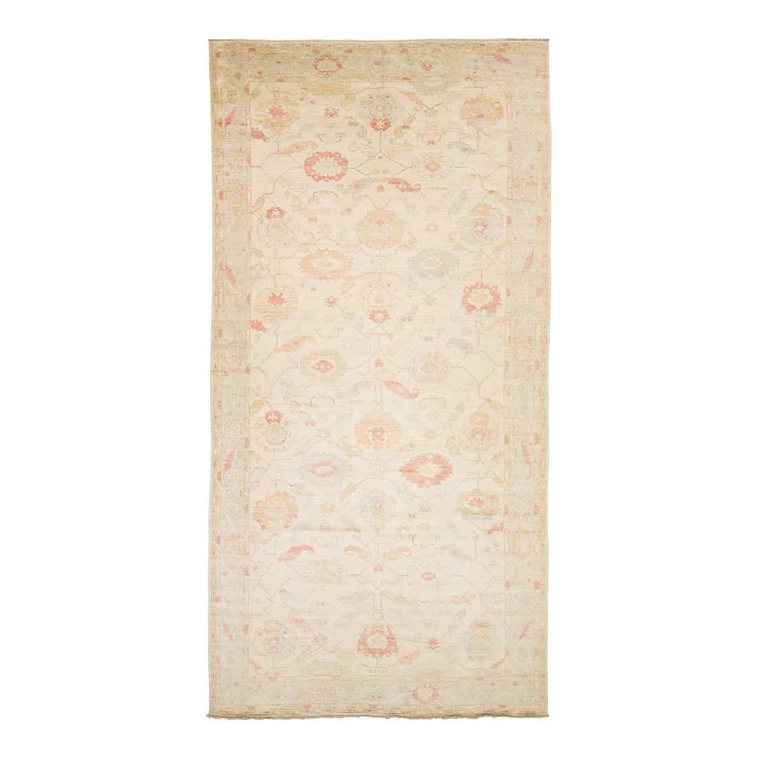Hand-Knotted Wool Rug Modern Oushak Pastel Floral 12' x 23'9": Hand-Knotted Wool Rug Modern Oushak Pastel Floral 12' x 23'9" This modern Oushak style rug is hand-knotted from premium wool and features a cream ivory field adorned with an all-over palmette and flor