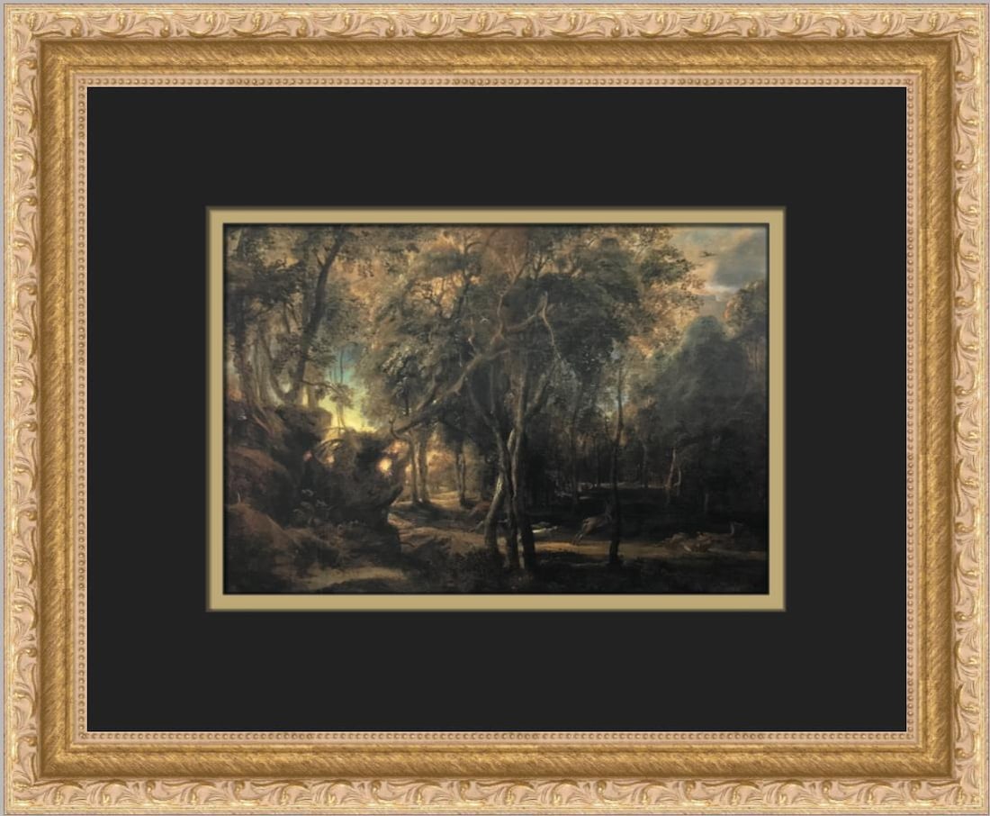 Peter Paul Rubens A Forest at Dawn Framed Print Art: Peter Paul Rubens A Forest at Dawn Framed Print Art This exquisite custom framed print titled 'A Forest at Dawn with a Deer Hunt' by the renowned artist Peter Paul Rubens captures a serene hunting sce