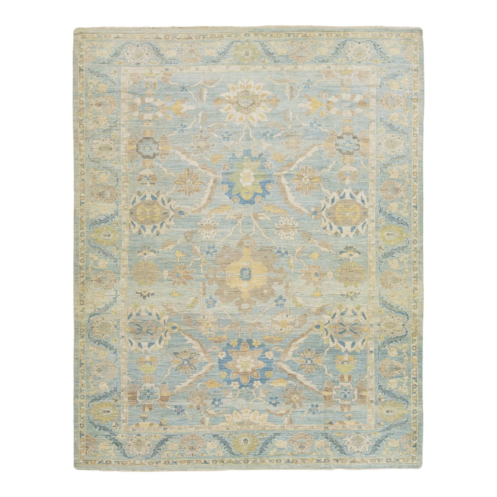 Handmade Contemporary Blue Wool Floral Rug 12'3 x 15'6: Handmade Contemporary Blue Wool Floral Rug 12'3 x 15'6 Enhance your space with this exquisite hand-knotted contemporary Sultanabad wool rug. Featuring a serene light blue background, this rug is beaut