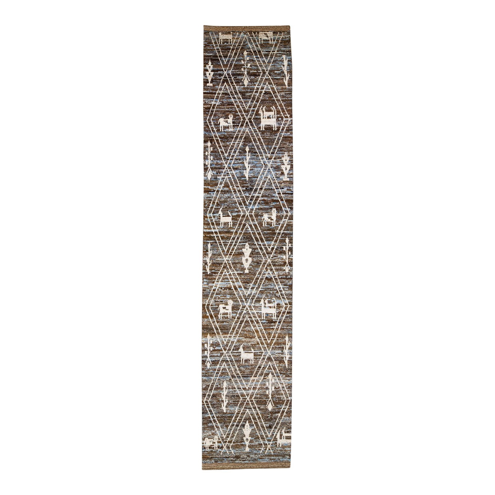 Handmade Moroccan Wool Runner Rug Brown Blue Tribal Design 3'3 x 16'7: Handmade Moroccan Wool Runner Rug Brown Blue Tribal Design 3'3 x 16'7 Enhance your space with this exquisite Modern Moroccan Style Handmade Wool Runner. Featuring a striking brown and blue field, this