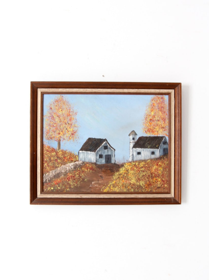 Vintage 1975 Signed Oil Painting Autumn Landscape on Canvas: Vintage 1975 Signed Oil Painting Autumn Landscape on Canvas This vintage oil painting on canvas, created in 1975, showcases a serene autumnal country landscape. It features an elegant wooden frame, ad