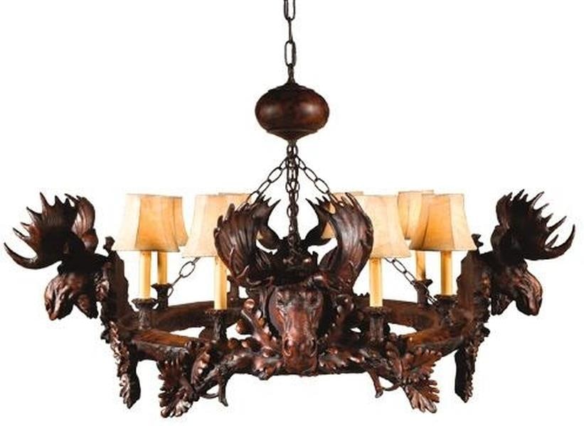 Rustic Lodge Chandelier with Moose Heads Resin 8 Bulb E12: Rustic Lodge Chandelier with Moose Heads Resin 8 Bulb E12 This item is made at time of order. Please allow 42 to 70 days for production. Illuminate your space with this Rustic Ann Arbor Moose Lodge Ch