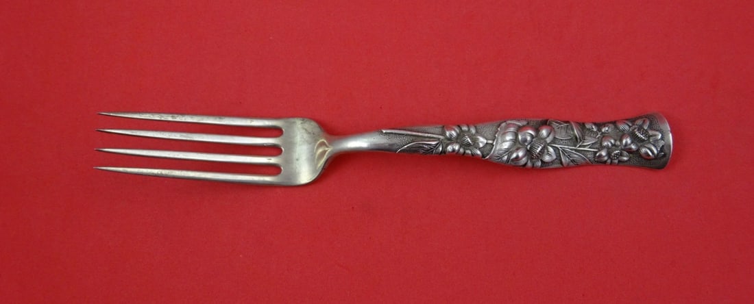 Shiebler Flora Sterling Silver Fork with 1895 Orange Blossom Motif 7 Inch: Shiebler Flora Sterling Silver Fork with 1895 Orange Blossom Motif 7 Inch This is a Shiebler Flora pattern sterling silver regular fork, featuring an orange blossom motif and dated 1895. The fork is m