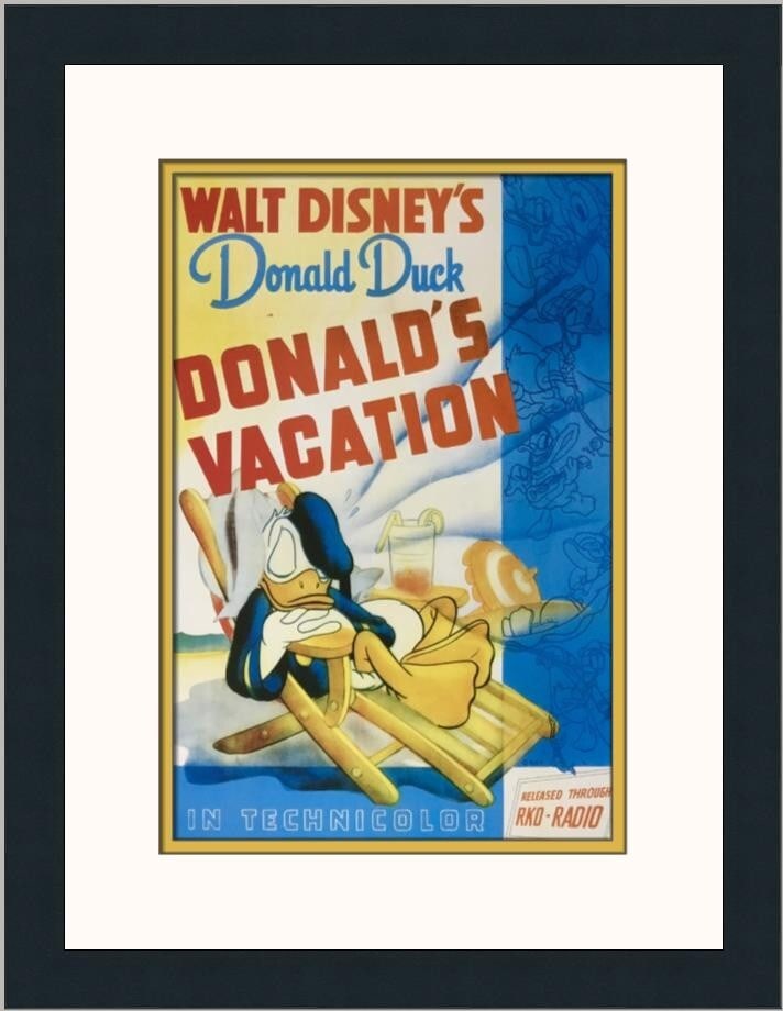 Disney Donald Duck Donald's Vacation Custom Framed Print 1992: Disney Donald Duck Donald's Vacation Custom Framed Print 1992 Celebrate the charm of Disney with this custom framed print featuring Donald Duck in 'Donald's Vacation.' This medium-sized artwork, produ