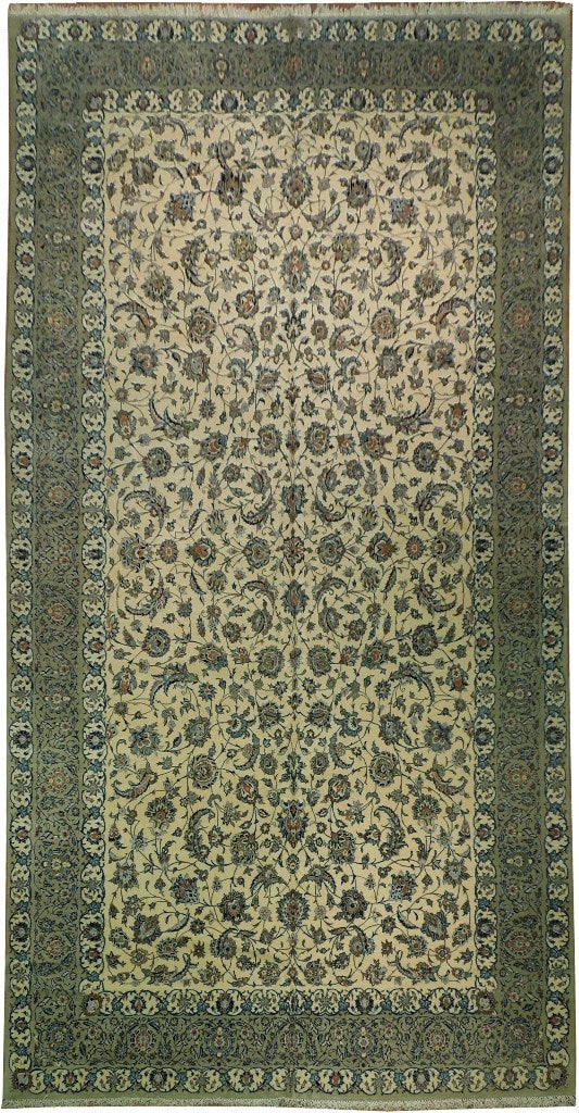 10' x 19'3'' Signed Persian Kashan Rug Beige Green Wool: 10' x 19'3'' Signed Persian Kashan Rug Beige Green Wool Free continental US Shipping Enhance your living space with this exquisite 10' x 19' 3" Signed Persian Quality Kashan Rug, showcasing a stunning