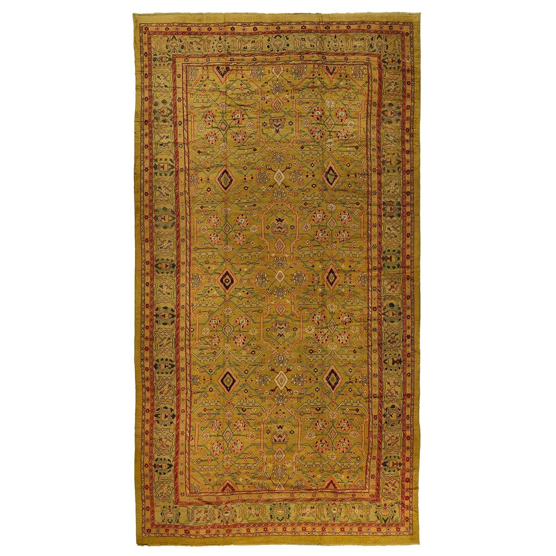 Antique Turkish Oushak Rug 12'6" x 22'10" Green Wool Hand-Woven: Antique Turkish Oushak Rug 12'6" x 22'10" Green Wool Hand-Woven This stunning large antique Turkish Oushak rug showcases a magnificent predominantly green shade, crafted from high-quality hand-woven w