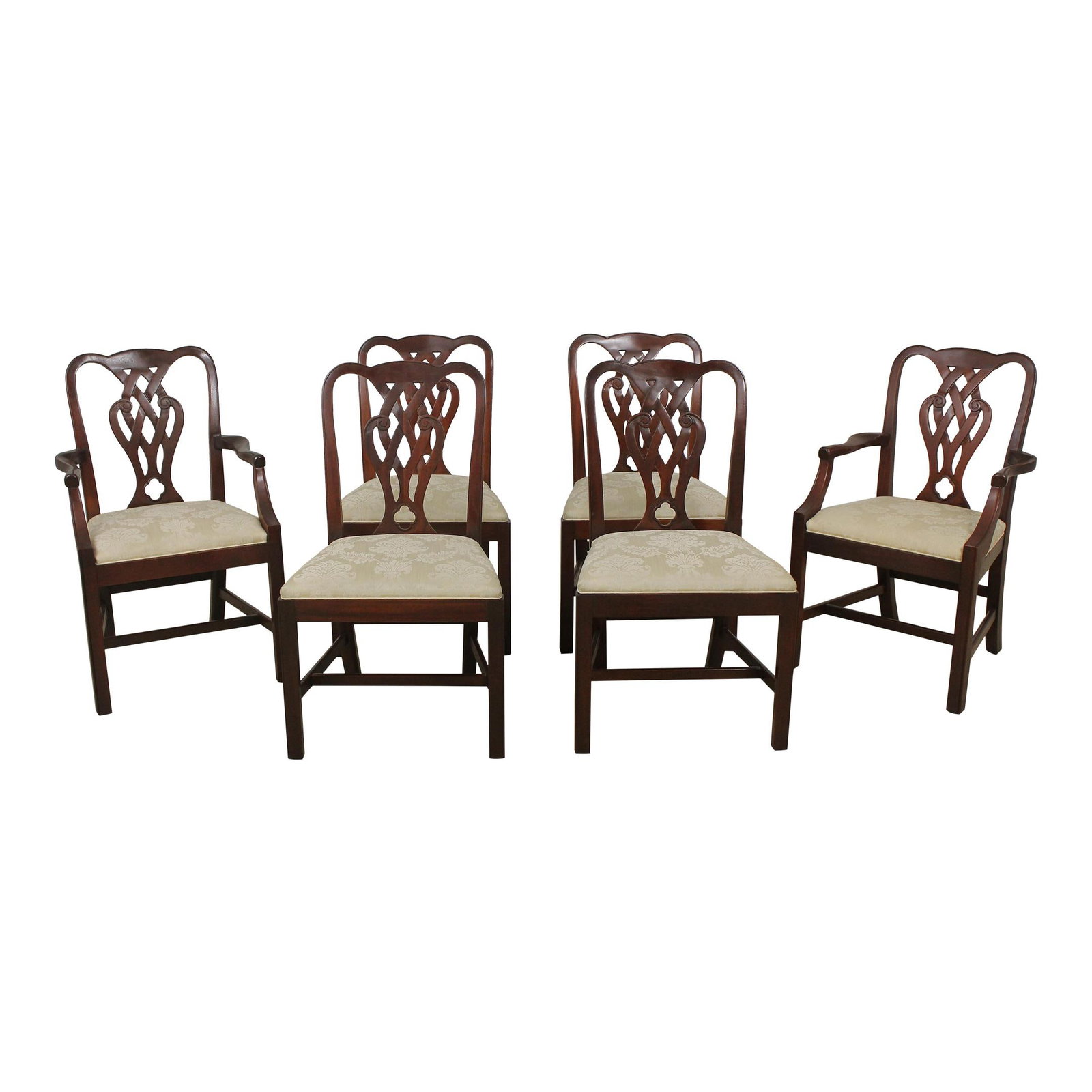 Set of 6 Baker Chippendale Mahogany Dining Chairs with Damask Upholstery: Set of 6 Baker Chippendale Mahogany Dining Chairs with Damask Upholstery This exquisite set of 6 Baker Chippendale dining room chairs showcases timeless elegance and craftsmanship. Crafted from solid