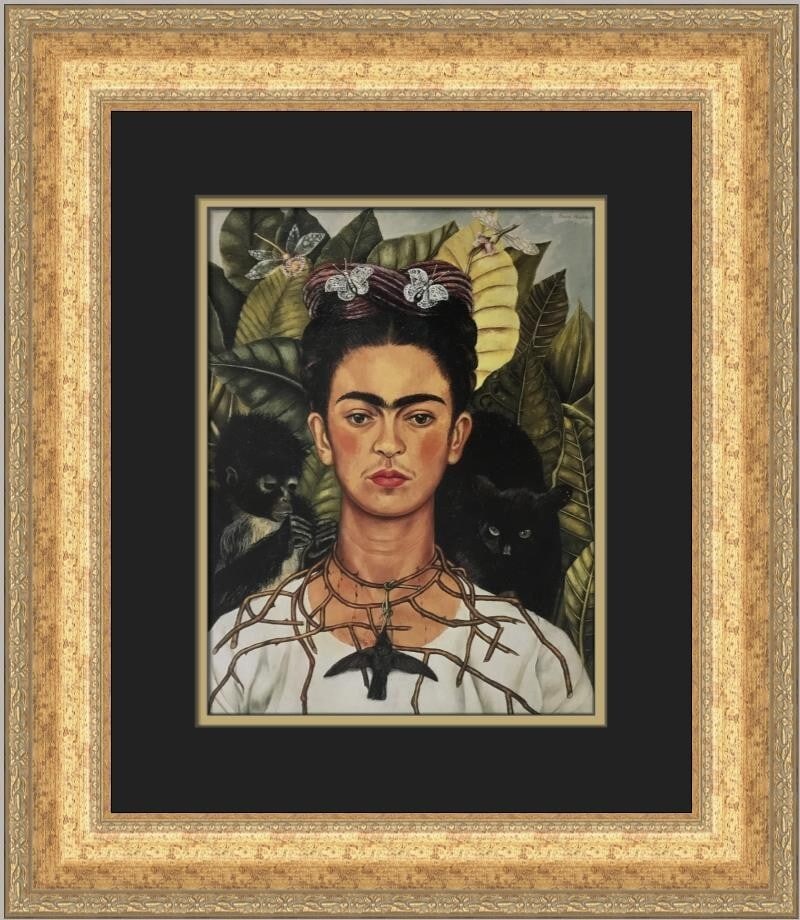 Frida Kahlo Self-Portrait Thorn Necklace Hummingbird Custom Framed Print: Frida Kahlo Self-Portrait Thorn Necklace Hummingbird Custom Framed Print This beautiful custom framed print features Frida Kahlo's iconic artwork titled "Self-Portrait with Thorn Necklace and Hummingb