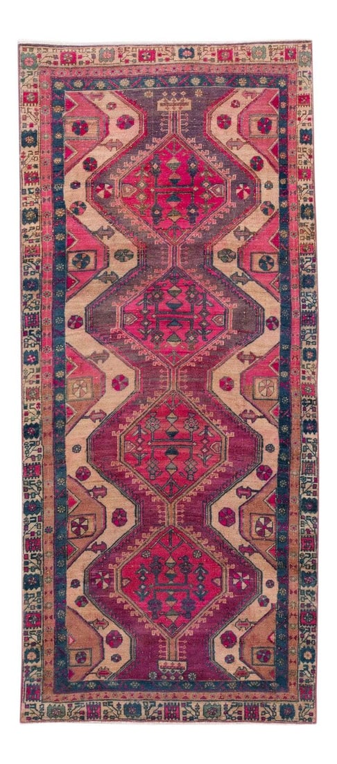 Vintage Shabby Chic Hand-Knotted Wool Scatter Rug 3'11" x 8'11": Vintage Shabby Chic Hand-Knotted Wool Scatter Rug 3'11" x 8'11" Enhance your space with this beautiful vintage Shabby Chic hand-knotted wool rug, featuring a stunning pink field adorned with accents o