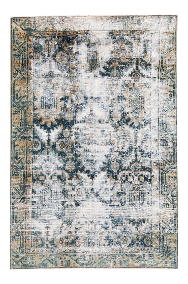 Hand-Knotted Blue Vintage Wool Rug 3'2 x 4'8 Geometric Floral Design: Hand-Knotted Blue Vintage Wool Rug 3'2 x 4'8 Geometric Floral Design Enhance your space with this stunning vintage hand-knotted wool rug, showcasing a beautiful blue and ivory color palette. The all-o