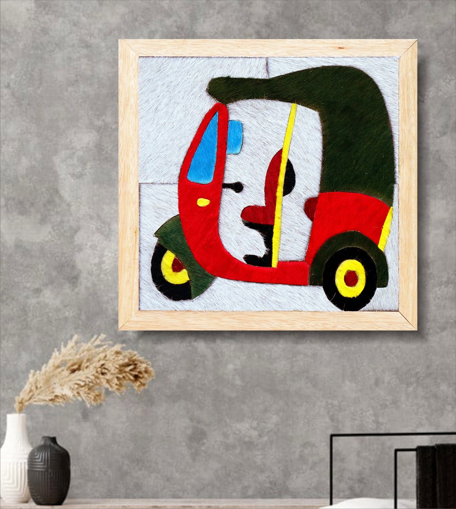 Handcrafted Multi Color Cowhide Rickshaw Mosaic Wall Art 12x12 Urban Decor: Handcrafted Multi Color Cowhide Rickshaw Mosaic Wall Art 12x12 Urban Decor Free continental US Shipping This handcrafted wall art features a vibrant multi-color rickshaw motif designed with precision-