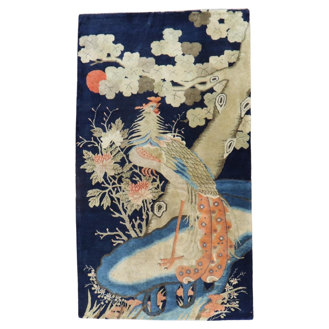 Tibetan Antique Hand-Woven Wool Rooster Rug 3'9 x 6': Tibetan Antique Hand-Woven Wool Rooster Rug 3'9 x 6' This exquisite Tibetan antique rug features a striking pictorial design of a large rooster set against a rich navy blue background. Hand-woven from