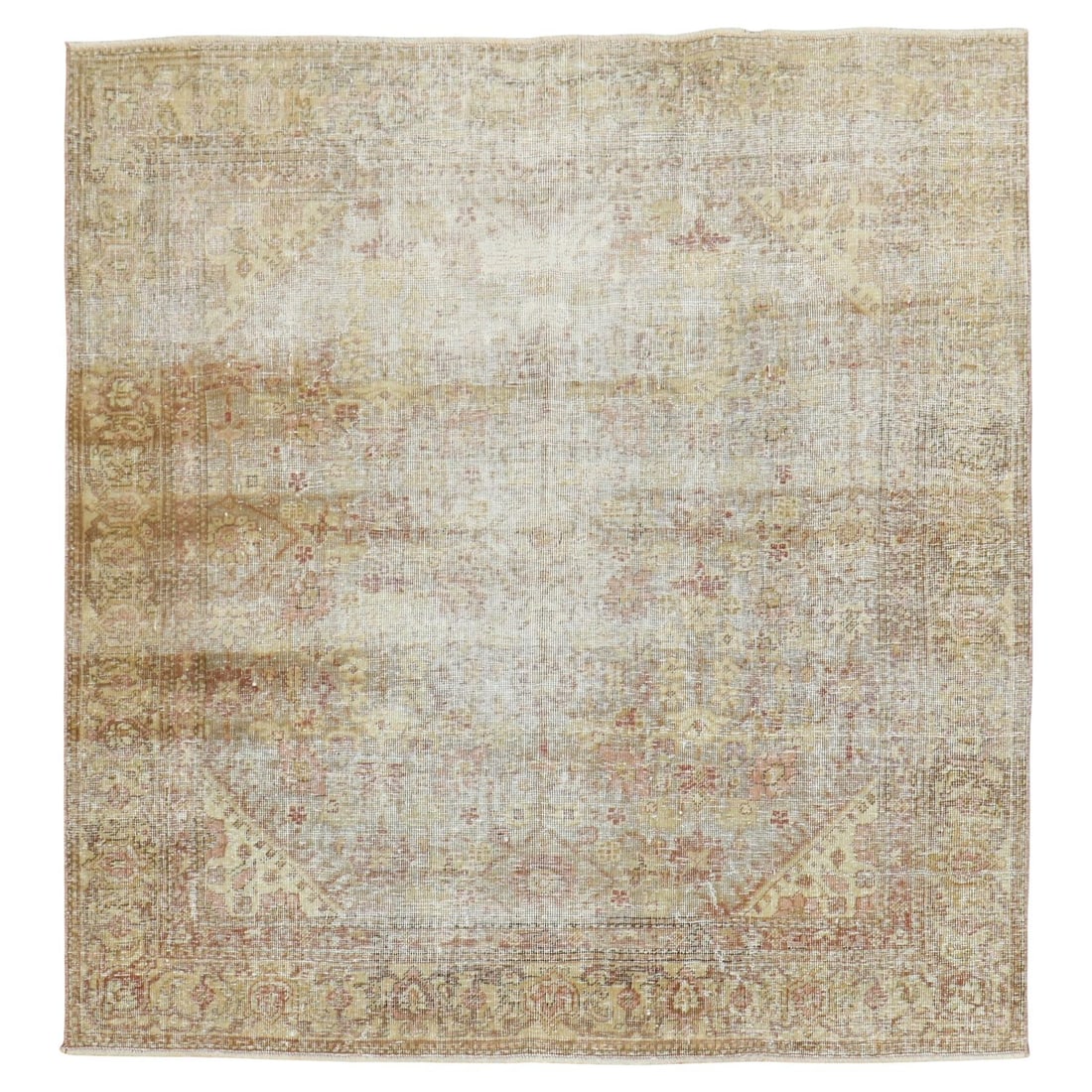 Antique Wool Hand-Knotted Indian Rug 46 x 47 Spanish Colonial: Antique Wool Hand-Knotted Indian Rug 46 x 47 Spanish Colonial Discover the charm of this worn square antique Indian rug, showcasing a beautiful Spanish Colonial style. Hand-knotted from high-quality w