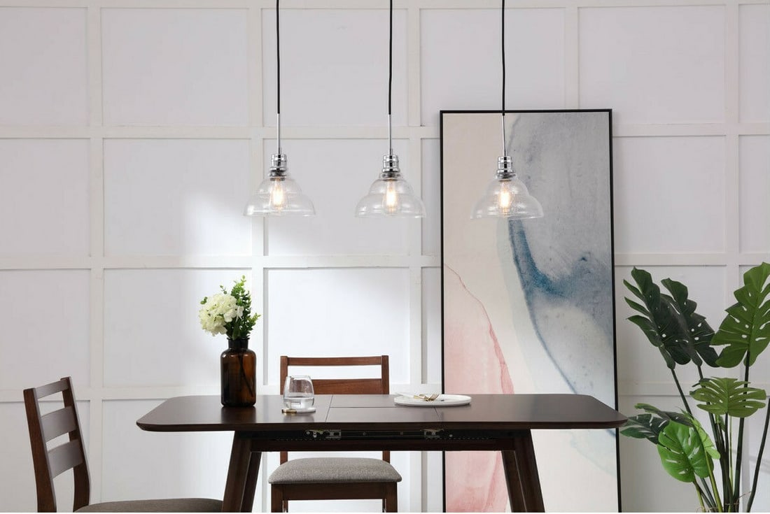 Clive 3-Light Chrome Pendant Chandelier with Clear Bubble Glass 34.5": Clive 3-Light Chrome Pendant Chandelier with Clear Bubble Glass 34.5" Illuminate your space with this stunning 3-light pendant chandelier from the Clive collection. Designed in a modern style, it feat