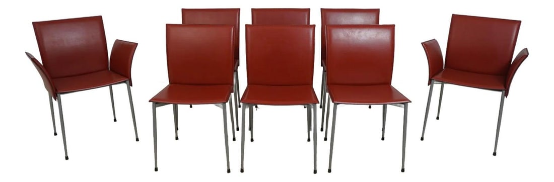 Set of 8 Filippo Sibau Leather Chairs with Silver Tone Legs: Set of 8 Filippo Sibau Leather Chairs with Silver Tone Legs This stylish set of 8 Filippo Sibau & Co Leather Wrapped Chairs features a modern design crafted from high-quality Italian leather with intr