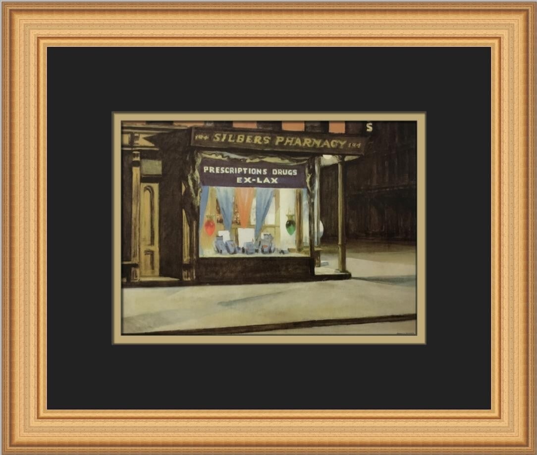 Edward Hopper Drug Store Custom Framed Print 11x14 Open Edition: Edward Hopper Drug Store Custom Framed Print 11x14 Open Edition This exquisite custom framed print titled 'Drug Store' by renowned artist Edward Hopper captures the essence of realism. Measuring 14 in