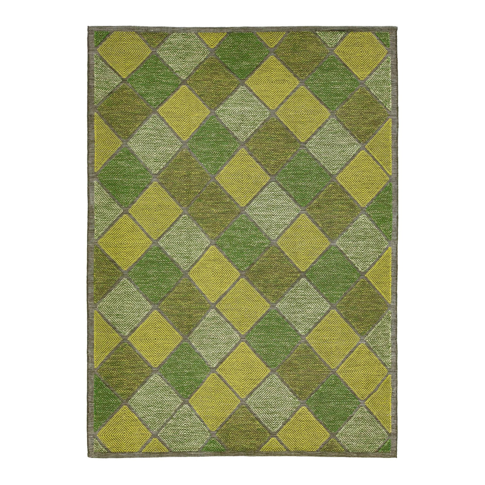 Handmade Green Wool Rug with Geometric Design 8'11 x 12'4 Swedish Style: Handmade Green Wool Rug with Geometric Design 8'11 x 12'4 Swedish Style Enhance your living space with this stunning handmade contemporary Swedish-style wool rug. Featuring a vibrant green base, this