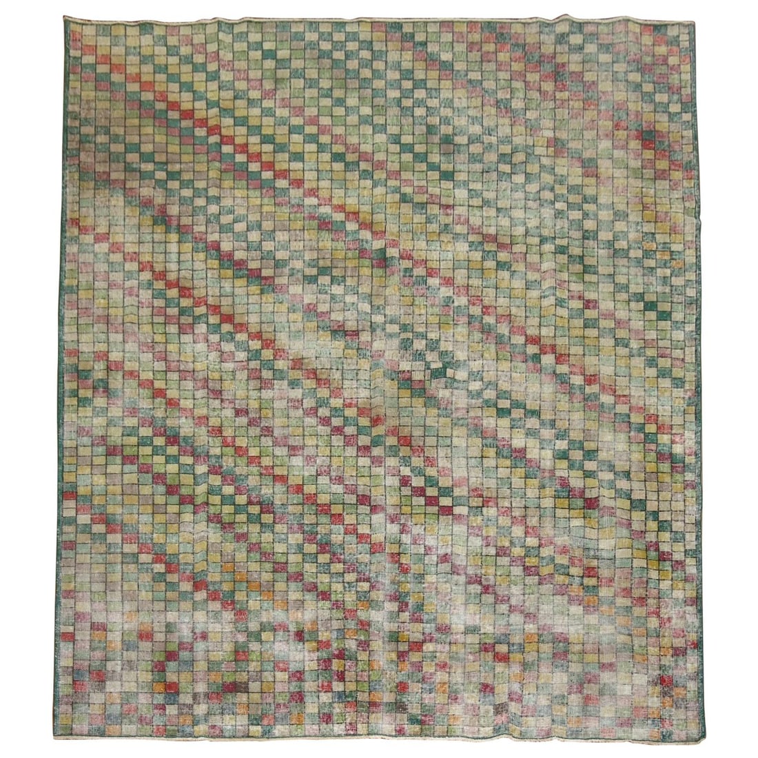 Distressed Turkish Deco Wool Rug Green Checkerboard 100 x 117 in: Distressed Turkish Deco Wool Rug Green Checkerboard 100 x 117 in Enhance your living space with this stunning distressed Turkish deco room rug. Featuring a repetitive square design in a vibrant palett