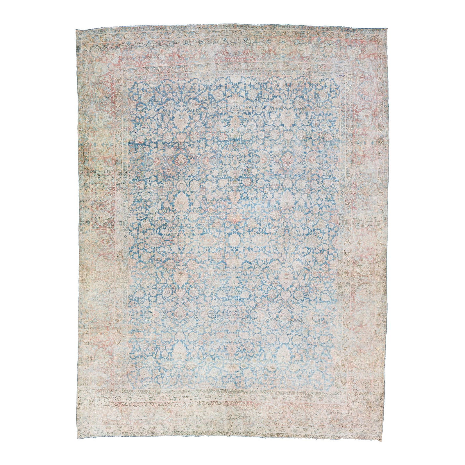 1960s Vintage Kerman Handmade Floral Wool Rug Navy Blue 11'04 x 15': 1960s Vintage Kerman Handmade Floral Wool Rug Navy Blue 11'04 x 15' This stunning vintage Persian Kerman rug features a hand-knotted construction and a delightful shabby chic aesthetic. The rug showca