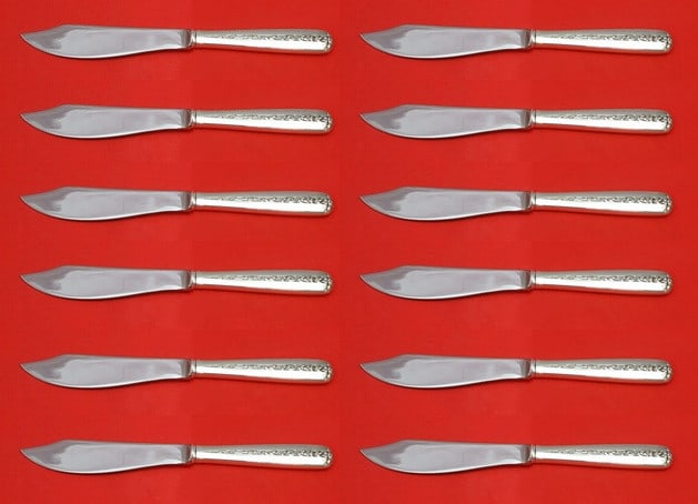Towle Rambler Rose Sterling Silver Fish Knife Set 12 pcs 8 1/4": Towle Rambler Rose Sterling Silver Fish Knife Set 12 pcs 8 1/4" This exquisite custom set features 12 pieces of the Rambler Rose pattern by Towle, crafted from high-quality sterling silver. Each fish