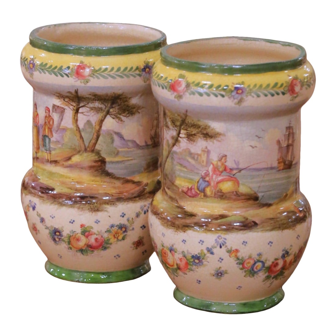 Set of Two Antique French Faience Vases Hand Painted Lille Mark circa 1850: Set of Two Antique French Faience Vases Hand Painted Lille Mark circa 1850 This pair of antique French faience vases, crafted in Lille circa 1850, showcases the romantic revival of northern France's c