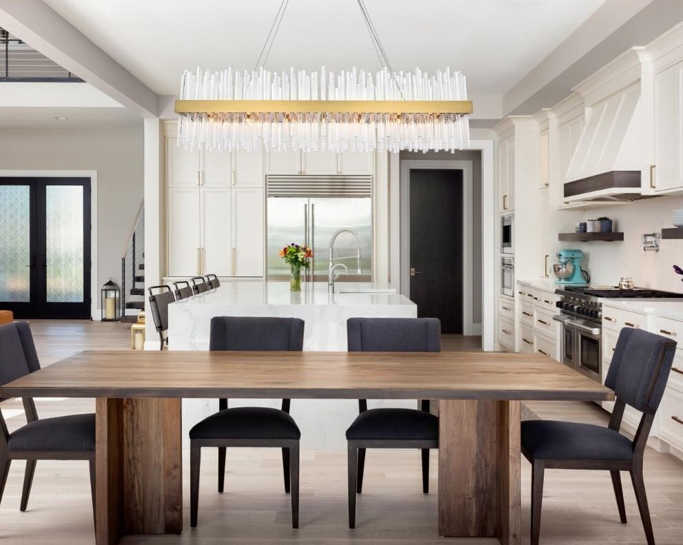 Dallas 28-Light Satin Gold Modern Chandelier 48 Inch Rectangular Crystal Fixture: Dallas 28-Light Satin Gold Modern Chandelier 48 Inch Rectangular Crystal Fixture This large, modern-style chandelier features a satin gold finish and is designed for use in dining rooms, kitchens, and