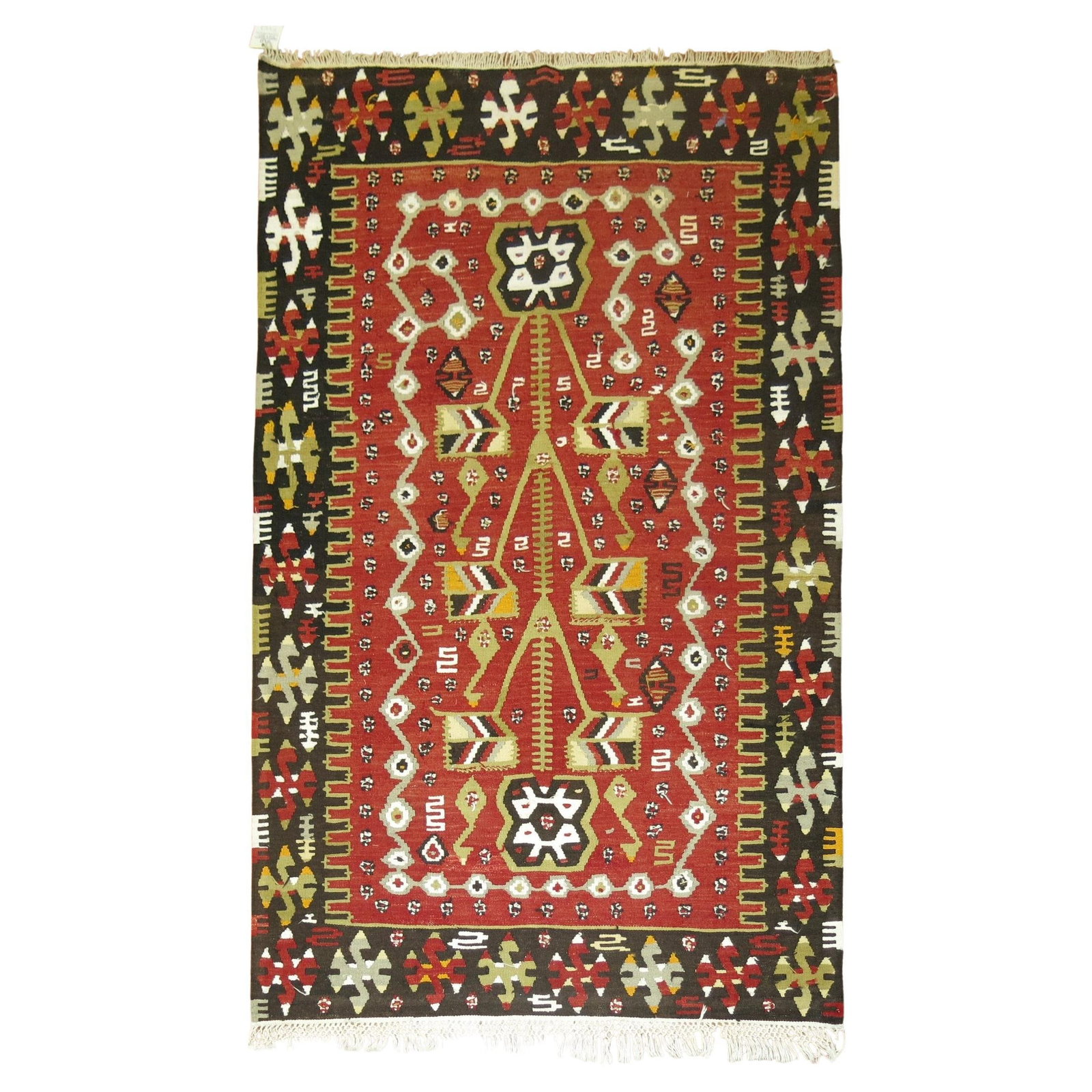 Mid-20th Century Geometric Turkish Kilim Hand-Knotted Wool 43 x 65: Mid-20th Century Geometric Turkish Kilim Hand-Knotted Wool 43 x 65 This stunning Mid-20th Century Turkish Kilim features a captivating geometric pattern, expertly crafted from high-quality hand-knotte