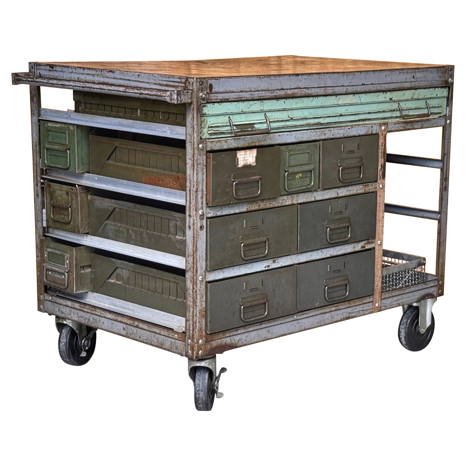 Vintage WWII Military Industrial Workstation Dry Bar Service Station: Vintage WWII Military Industrial Workstation Dry Bar Service Station This vintage WWII military industrial workstation is a rare and versatile piece that combines rugged functionality with industrial