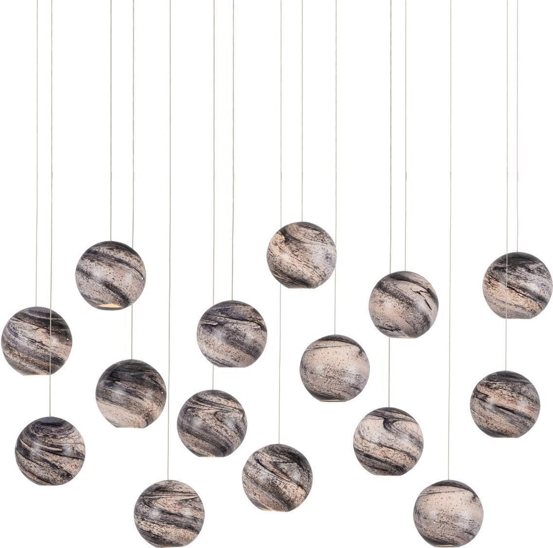 Currey Celestial Blue Palatino 15-Light Pendant with Clear Silver Finish: Currey Celestial Blue Palatino 15-Light Pendant with Clear Silver Finish Illuminate your space with the Celestial Blue Silver Multi-Drop Pendant, a stunning example of contemporary design. This pendan