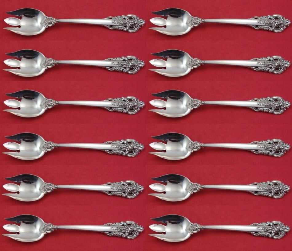 Wallace Grande Baroque Sterling Silver Ice Cream Forks Set of 12: Wallace Grande Baroque Sterling Silver Ice Cream Forks Set of 12 Indulge in elegance with this custom set of 12 ice cream forks from the Grande Baroque pattern by Wallace. Crafted from high-quality st