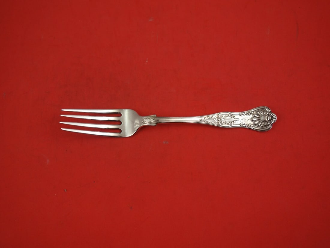 Gorham Kings III Sterling Silver Dinner Fork 7.5 Inch Monogrammed: Gorham Kings III Sterling Silver Dinner Fork 7.5 Inch Monogrammed This exquisite dinner fork is part of the Kings III pattern by Gorham, crafted from high-quality sterling silver. Measuring 7 1/2 inch