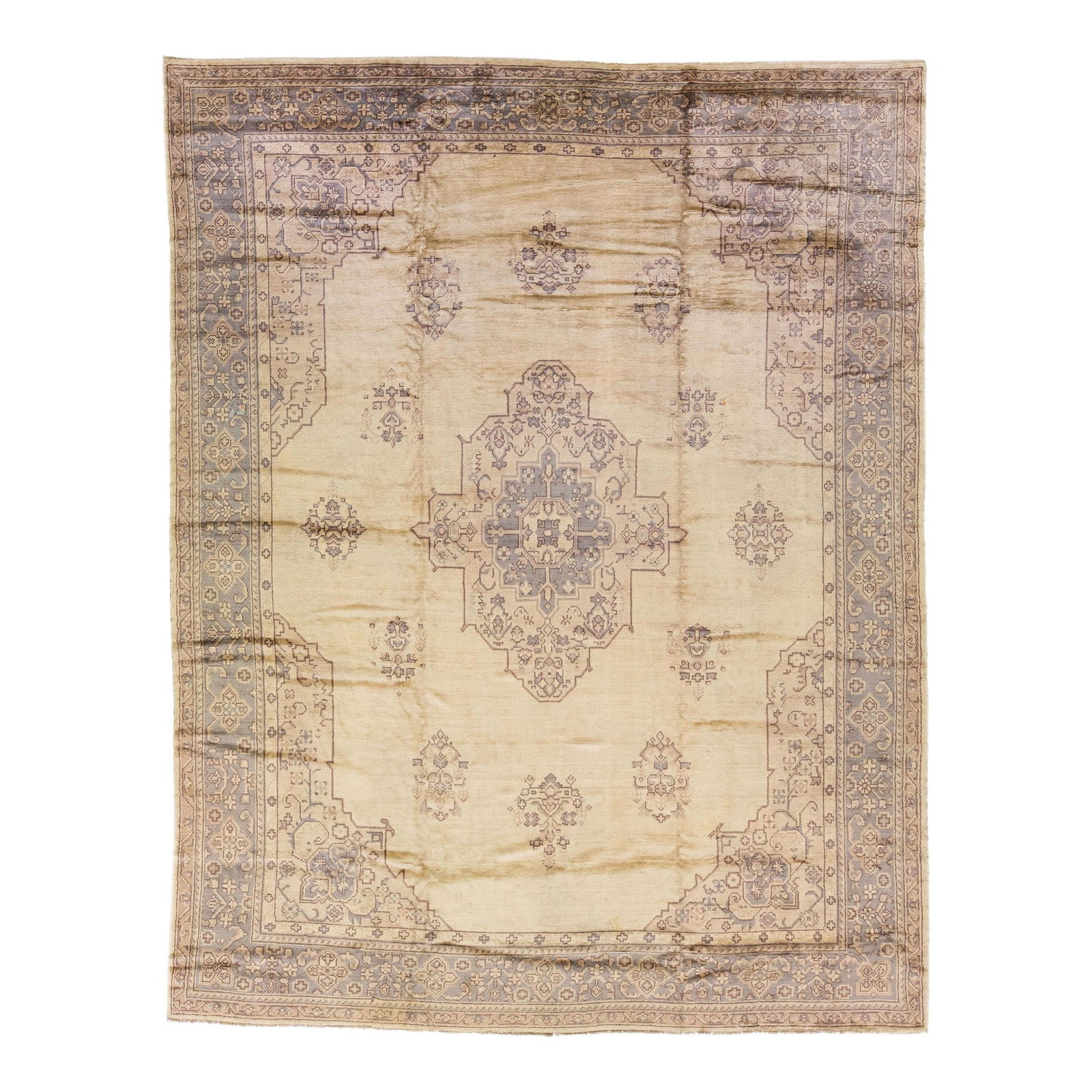 Antique Turkish Oushak 11'9 x 15'5 Wool Rug Beige Grey Motif: Antique Turkish Oushak 11'9 x 15'5 Wool Rug Beige Grey Motif This exquisite antique Turkish Oushak rug is a stunning example of craftsmanship from the 1920s. Hand-knotted from high-quality wool, it fe