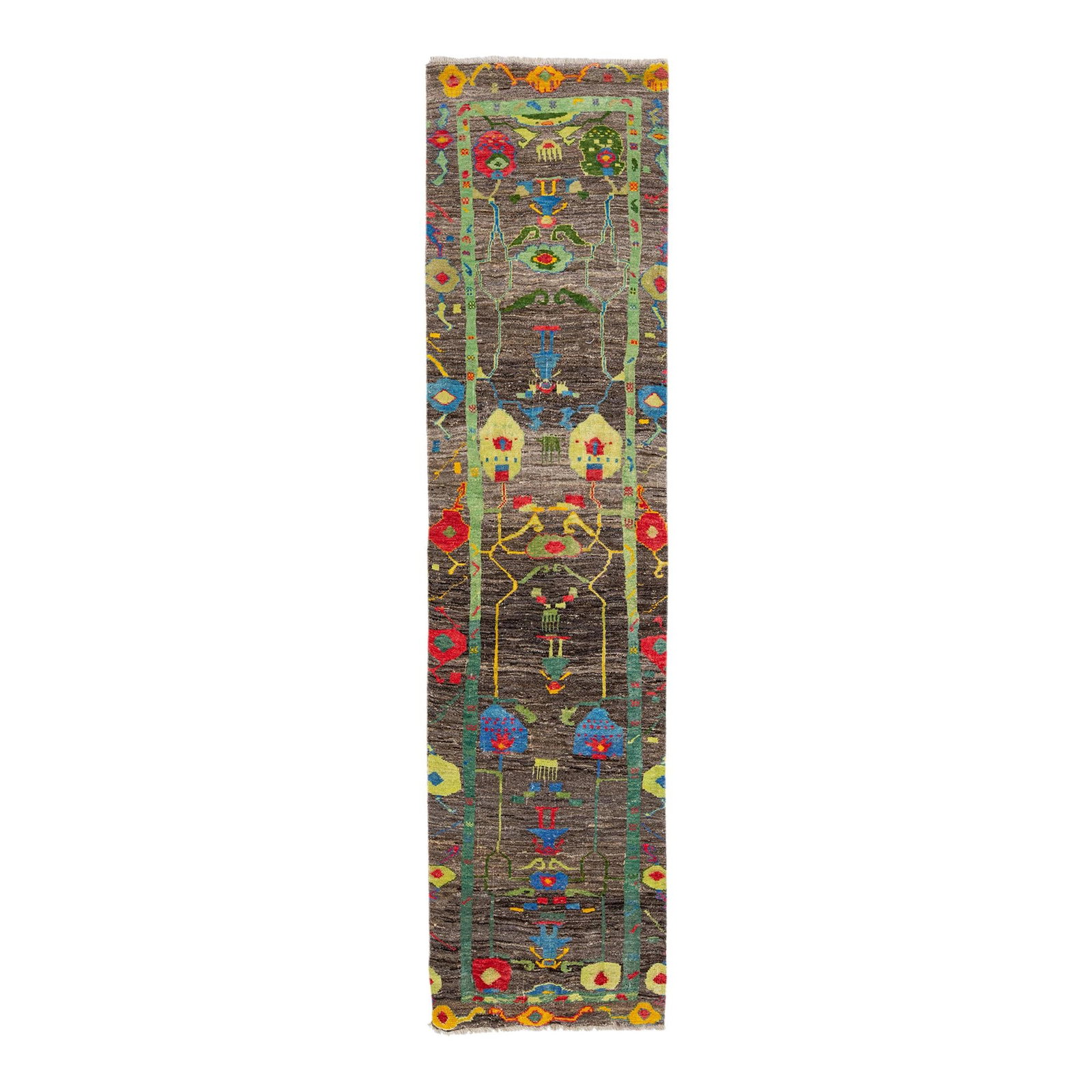 Modern Oushak Hand-Knotted Wool Runner Multicolor Floral 2'7" x 10'6": Modern Oushak Hand-Knotted Wool Runner Multicolor Floral 2'7" x 10'6" Enhance your space with this stunning modern Oushak hand-knotted wool runner. Featuring a rich brown field, this rug showcases a v