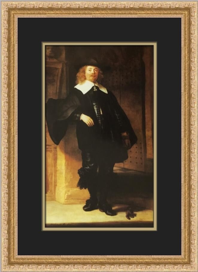 Rembrandt Portrait of a Man Standing Custom Framed Lithograph Art Print: Rembrandt Portrait of a Man Standing Custom Framed Lithograph Art Print This exquisite custom framed print features Rembrandt van Rijn's iconic "Portrait of a Man Standing." Measuring 17" x 15" overal