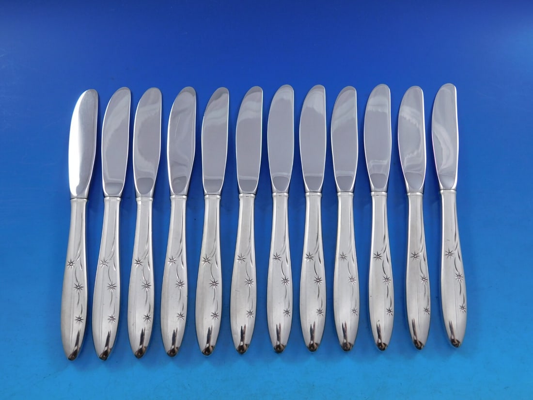Gorham Celeste Sterling Silver Butter Spreaders Set of 12 Modern 6.5": Gorham Celeste Sterling Silver Butter Spreaders Set of 12 Modern 6.5" Enhance your dining experience with this exquisite set of 12 butter spreaders from the Celeste pattern by Gorham. Each spreader fe