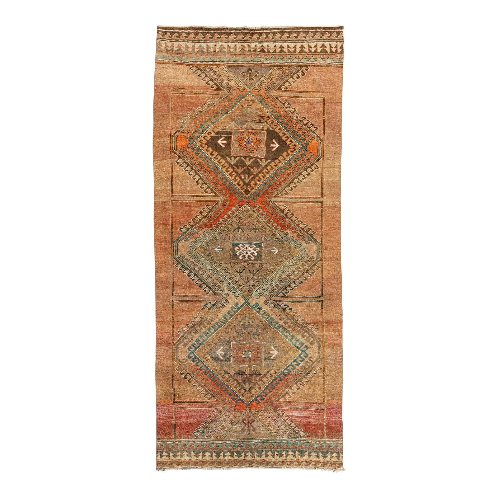 Vintage Turkish Kars Wool Rug Peach Tribal Design 4'10 x 11'7: Vintage Turkish Kars Wool Rug Peach Tribal Design 4'10 x 11'7 Elevate your space with this exquisite vintage Turkish Kars rug, hand-knotted from premium wool. Featuring a warm peach field adorned with