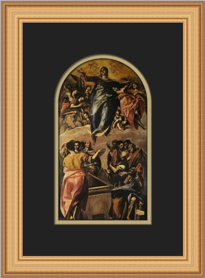 El Greco Assumption of the Virgin Custom Framed Art Print 1982: El Greco Assumption of the Virgin Custom Framed Art Print 1982 This stunning custom framed print features El Greco's iconic work titled 'Assumption of the Virgin.' Measuring 15 in. tall by 11 in. wide