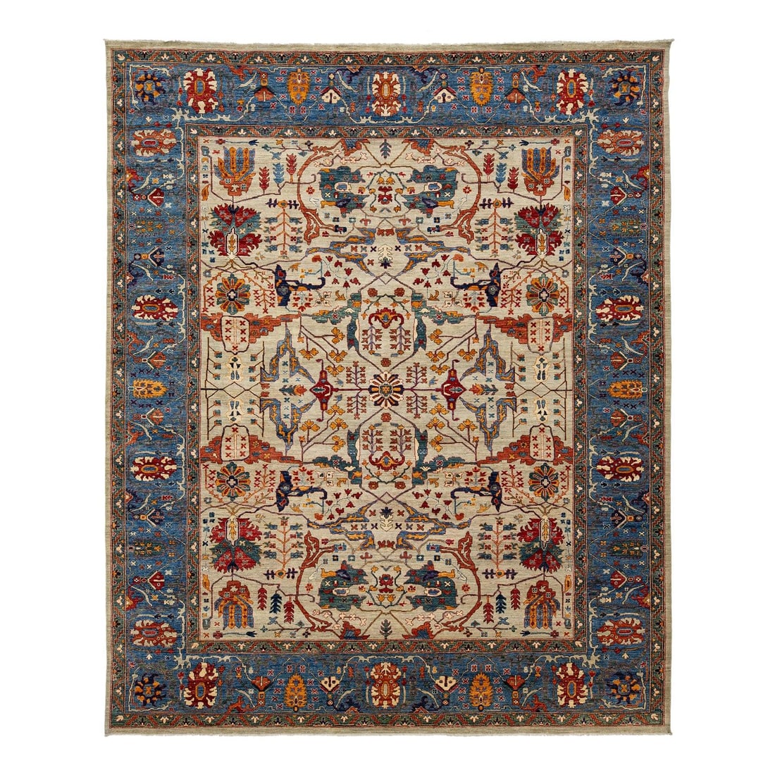Elegant Modern Serapi-Style Wool Rug Beige Blue Floral 12'1 x 14'9: Elegant Modern Serapi-Style Wool Rug Beige Blue Floral 12'1 x 14'9 Enhance your living space with this stunning room-sized rug, showcasing a modern take on the classic Serapi style. Crafted from high-