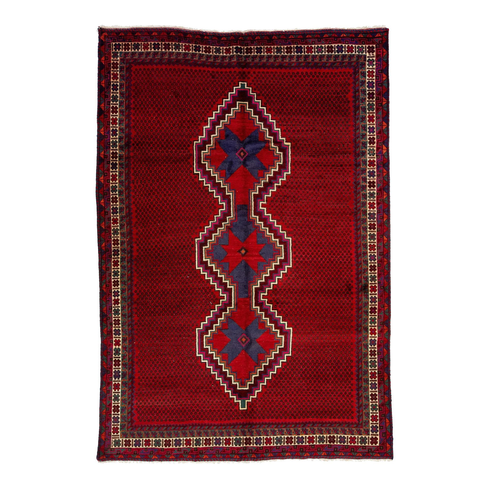 1960s Handmade Shiraz Red Wool Rug Tribal Design 6'5 x 9'5: 1960s Handmade Shiraz Red Wool Rug Tribal Design 6'5 x 9'5 This exquisite vintage Shiraz wool rug showcases a vibrant red field adorned with blue accents, featuring a striking tribal motif at its cent