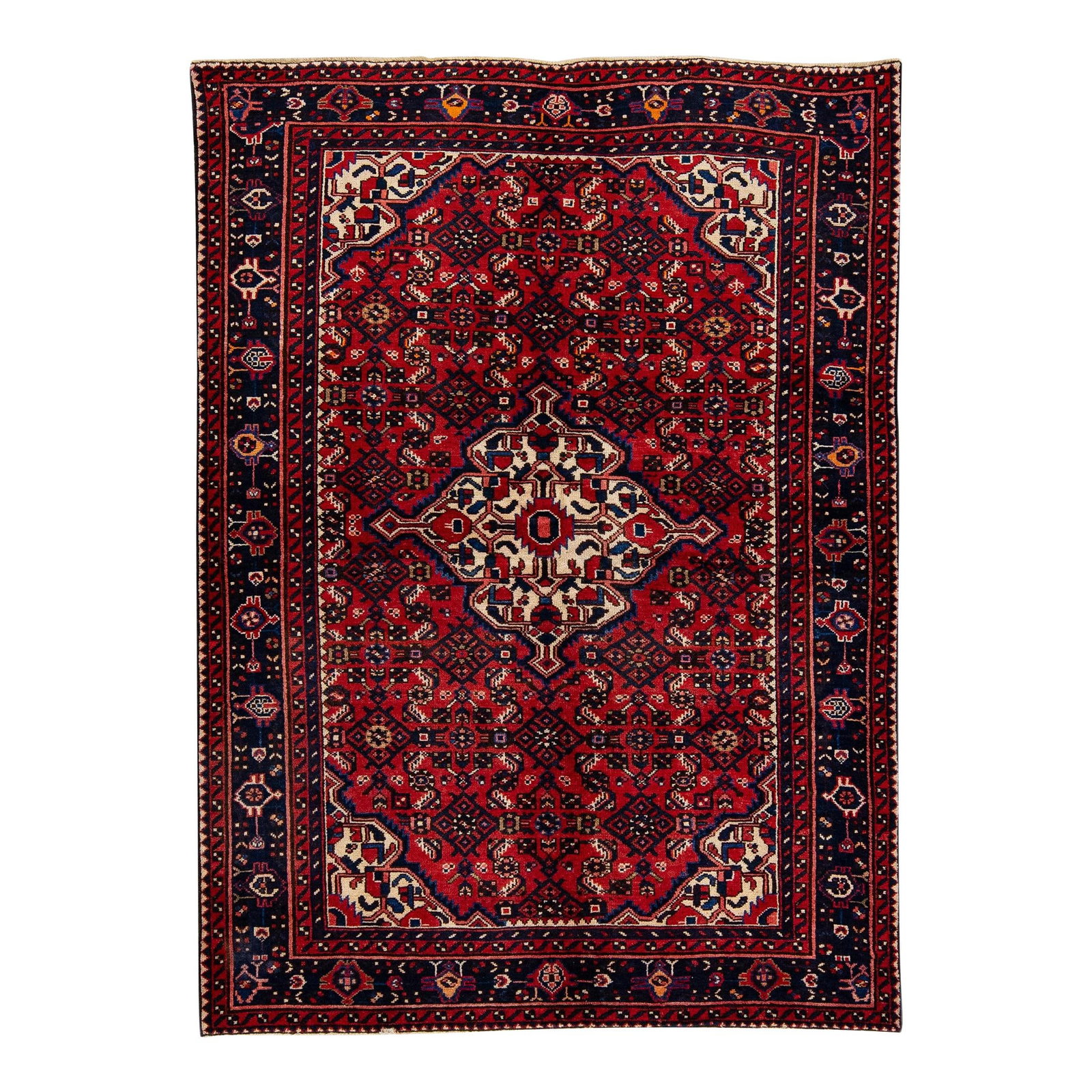 Vintage Persian Hamadan Red Wool Medallion Rug 4'8 x 6'7: Vintage Persian Hamadan Red Wool Medallion Rug 4'8 x 6'7 Enhance your space with this stunning vintage Persian Hamadan hand-knotted wool rug. Featuring a vibrant red field, this exquisite runner is fr