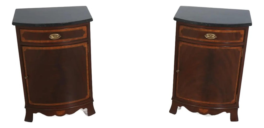 Pair of Federal Style Mahogany Nightstands With Black Marble Tops: Pair of Federal Style Mahogany Nightstands With Black Marble Tops Enhance your space with these exquisite Marble Top Mahogany Cabinet Door Nightstands. Crafted with quality construction, these nightst