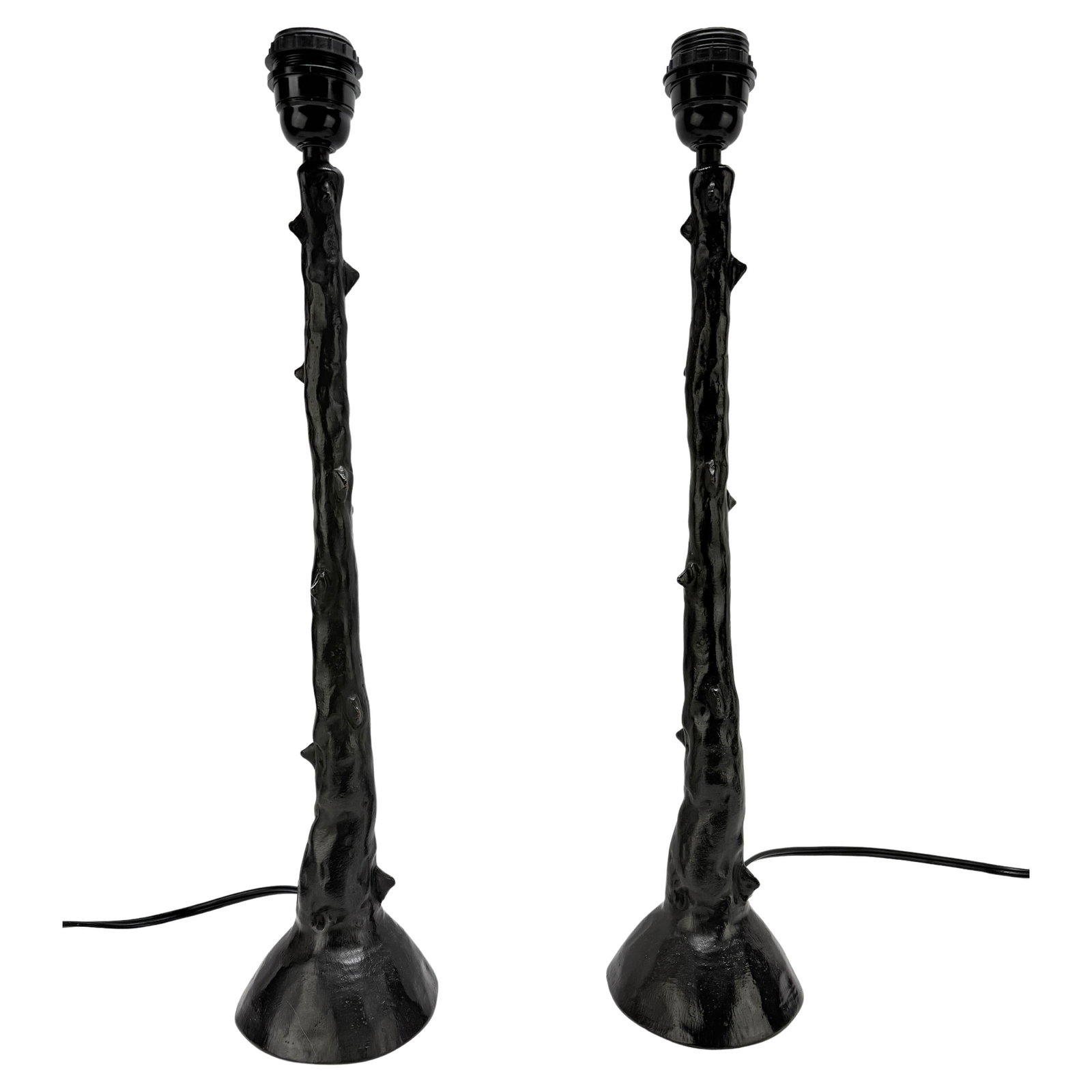 Les Heritiers Bronze Faux Bois Table Lamps Set of 2 with Black Patina: Les Heritiers Bronze Faux Bois Table Lamps Set of 2 with Black Patina This exquisite pair of sculptural table lamps, designed by the contemporary French duo Les Heritiers, features a striking bronze f