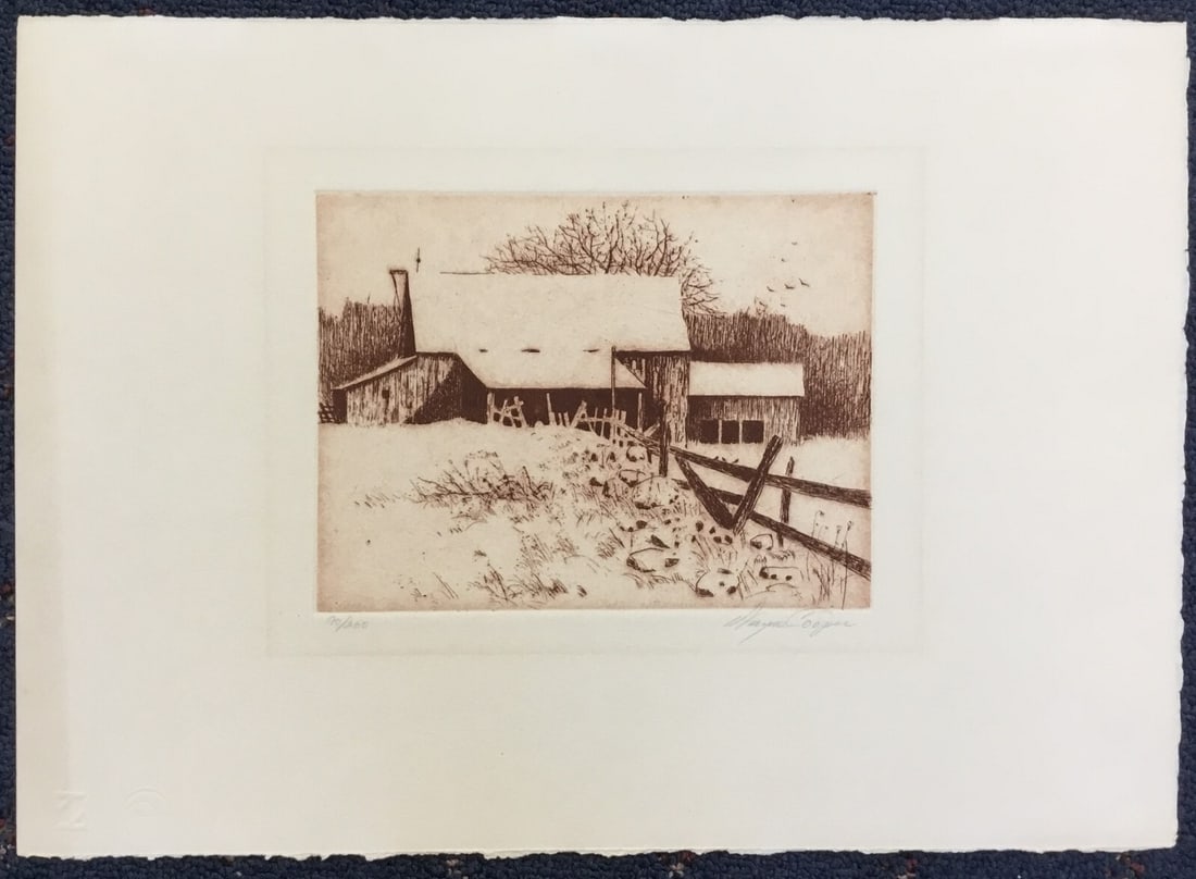 Wayne Cooper Limited Edition Signed Barn Scene Lithograph 1994: Wayne Cooper Limited Edition Signed Barn Scene Lithograph 1994 This captivating lithograph titled 'Barn Scene' by Wayne Cooper showcases Americana artistry, depicting a serene rural landscape. Created