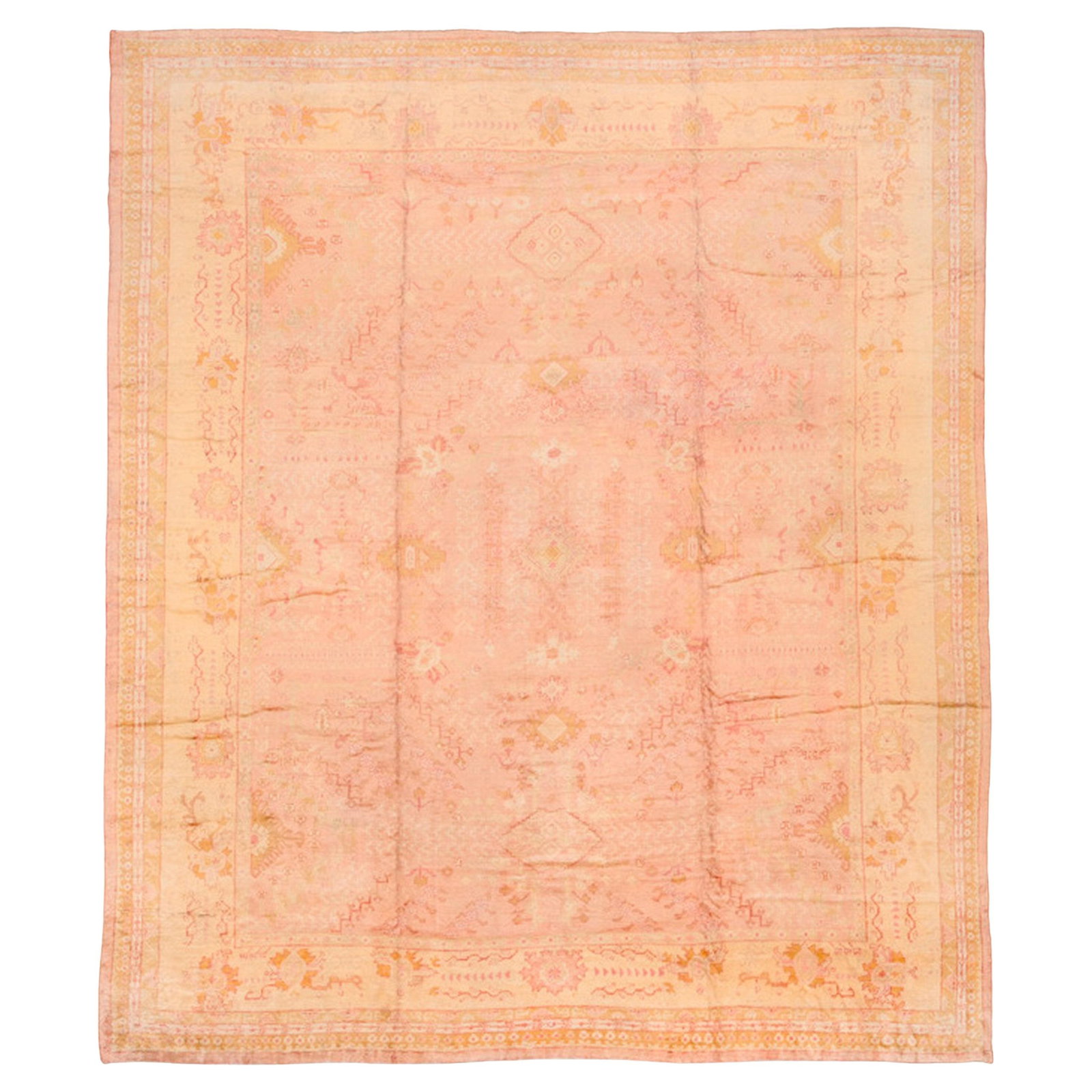 Antique Turkish Oushak Rug Pink Gold Oversize 179 x 206 in circa 1910: Antique Turkish Oushak Rug Pink Gold Oversize 179 x 206 in circa 1910 This exceptional oversized Antique Turkish Oushak rug features a captivating palette of soft pink and gold, making it a stunning a