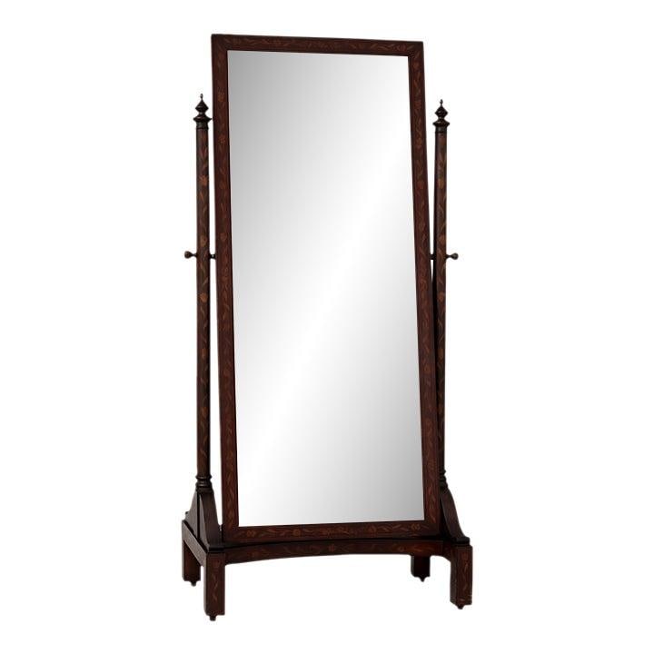 Victorian Era Mahogany Cheval Mirror with Marquetry Inlay and Brass Hardware: Victorian Era Mahogany Cheval Mirror with Marquetry Inlay and Brass Hardware This Victorian cheval mirror, dating from circa 1880-1890, features high-quality English craftsmanship with intricate marqu