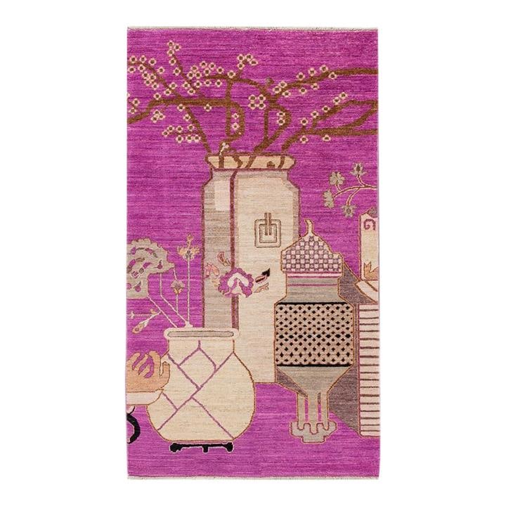 Handmade Modern Samarkand Khotan Purple Wool Pictorial Rug 3'4 x 6: Handmade Modern Samarkand Khotan Purple Wool Pictorial Rug 3'4 x 6 Enhance your living space with this exquisite Modern Samarkand Khotan Scatter Rug, meticulously hand-knotted from high-quality wool.