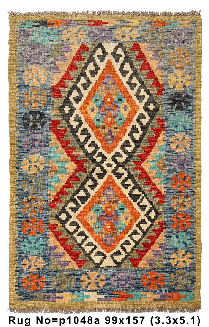 3.3' x 5.2' Handmade Wool Kilim Rug Eco-Friendly Vegetable Dye: 3.3' x 5.2' Handmade Wool Kilim Rug Eco-Friendly Vegetable Dye Free continental US Shipping Introducing an exquisite 3.3 x 5.2 ft Natural Wool Flat Weave Handmade Kilim Rug, a true testament to timele