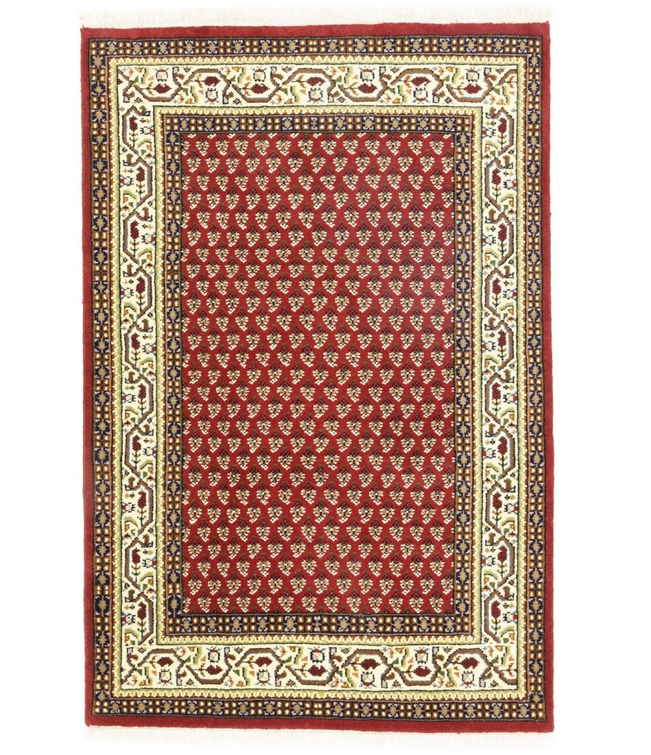 Hand-Knotted Wool Indo-Botemir Area Rug 4'1 x 5'11 Red Floral Tribal Pattern: Hand-Knotted Wool Indo-Botemir Area Rug 4'1 x 5'11 Red Floral Tribal Pattern This hand-knotted Indo-Botemir area rug features a striking red, cream, brown, rusty pink, green, and purple-navy blue colo