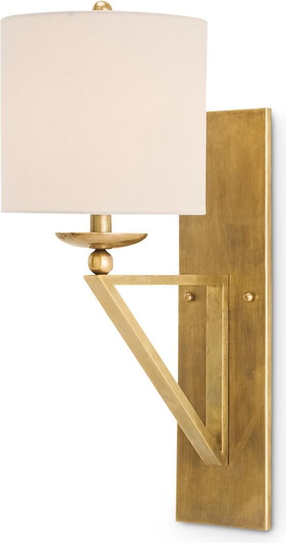Currey Brass Wall Sconce with Light Beige Shantung Shade: Currey Brass Wall Sconce with Light Beige Shantung Shade Illuminate your space with this Vintage Style Brass Wall Sconce, featuring a beautifully crafted Shantung shade. Designed with a contemporary f