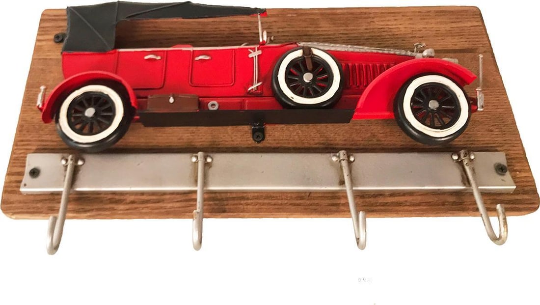 Vintage Style Red Duesenberg Model J Wall Hanger with Metal Hooks: Vintage Style Red Duesenberg Model J Wall Hanger with Metal Hooks Introducing the Iconic Red Duesenberg Model J Wall Hangers, designed with an antique or vintage style. This functional wall decor piec